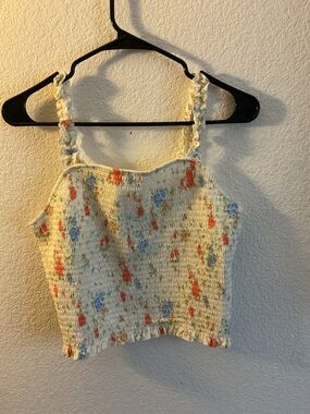 SO Cream Smocked Floral Crop Top with Coral & Blue Accents